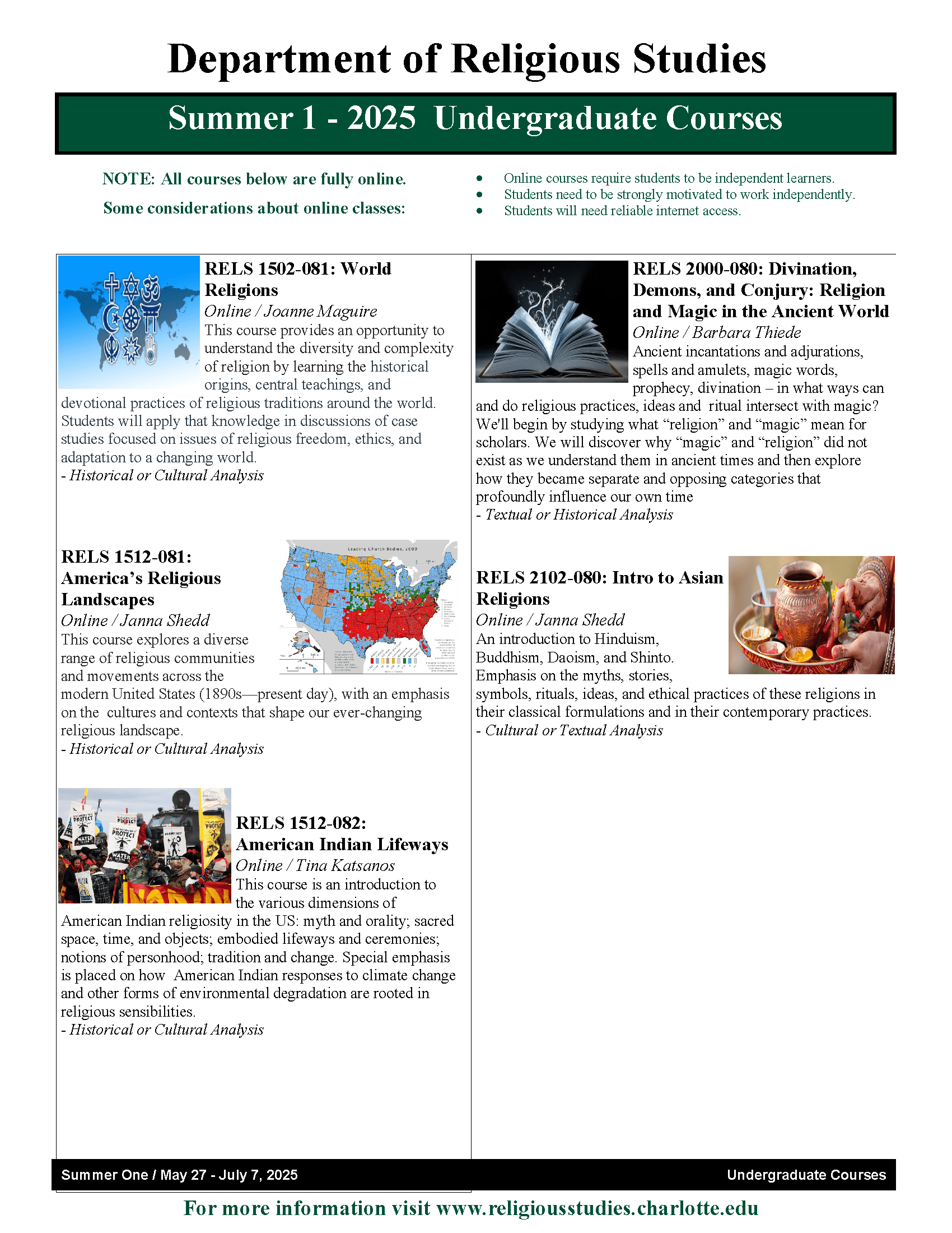 Summer 2025 Course Schedule Department of Religious Studies